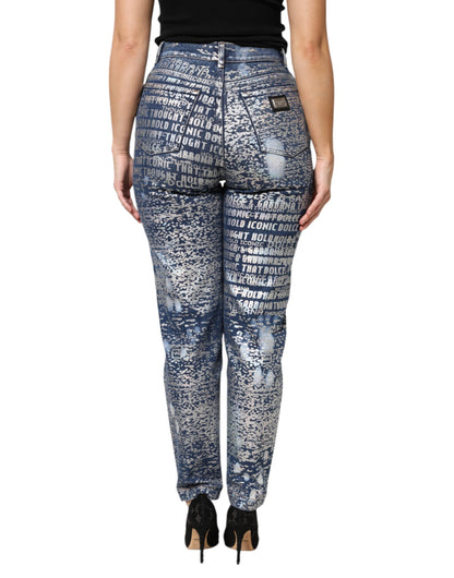 Dolce &amp; Gabbana Blue Washed Print High Waist Denim Jeans