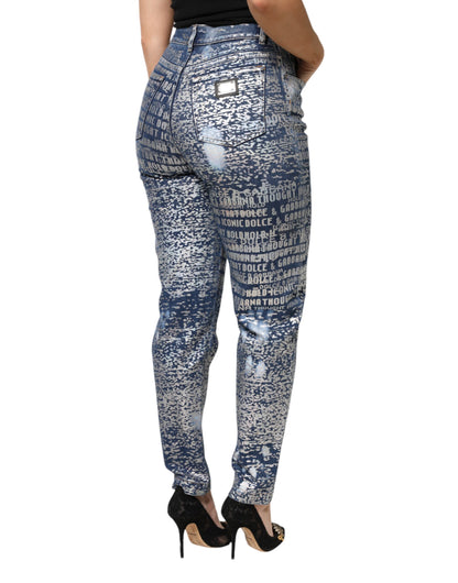 Dolce &amp; Gabbana Blue Washed Print High Waist Denim Jeans
