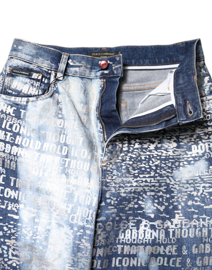 Dolce &amp; Gabbana Blue Washed Print High Waist Denim Jeans