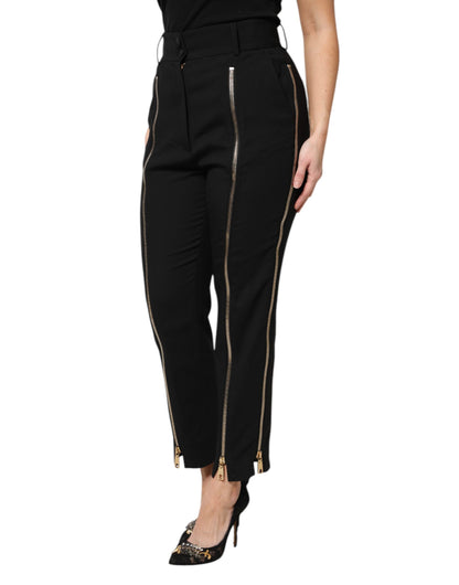 Dolce &amp; Gabbana Black Wool High Waist Zipper Tapered Pants