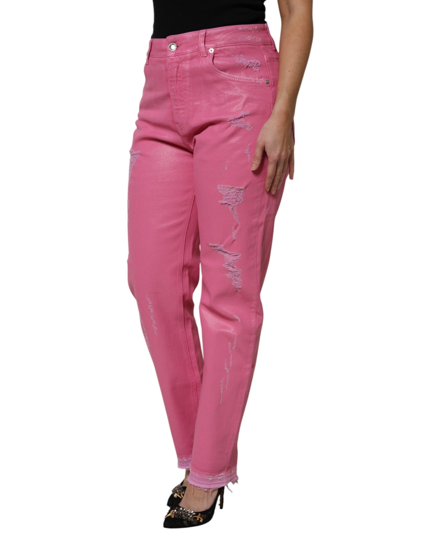 Dolce &amp; Gabbana Pink Tattered Mid Waist Tapered Denim Jeans