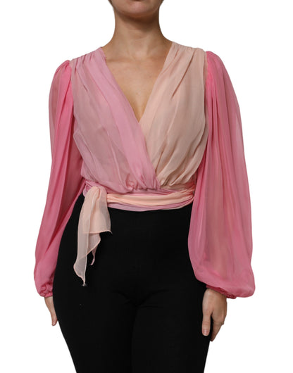 Dolce &amp; Gabbana Pink Plunging V-neck Long Sleeves Blouse Top