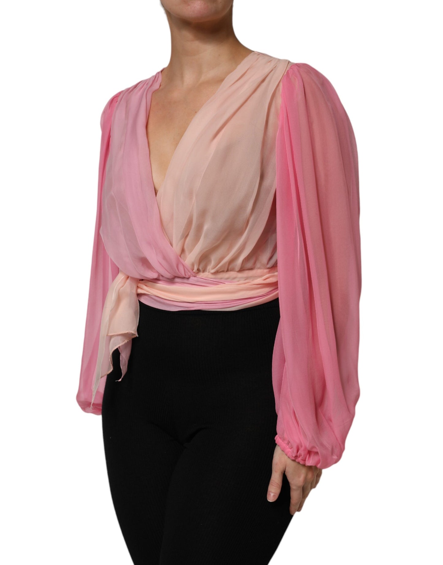 Dolce &amp; Gabbana Pink Plunging V-neck Long Sleeves Blouse Top