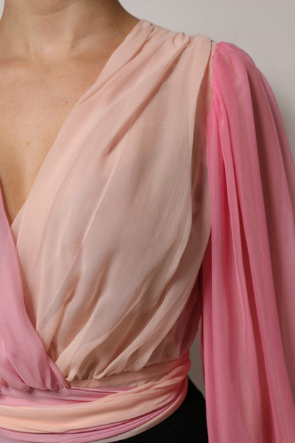 Dolce &amp; Gabbana Pink Plunging V-neck Long Sleeves Blouse Top