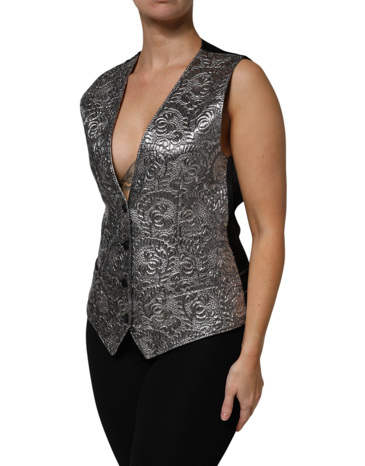 Dolce &amp; Gabbana Silver Floral Jacquard Sleeveless Vest Top