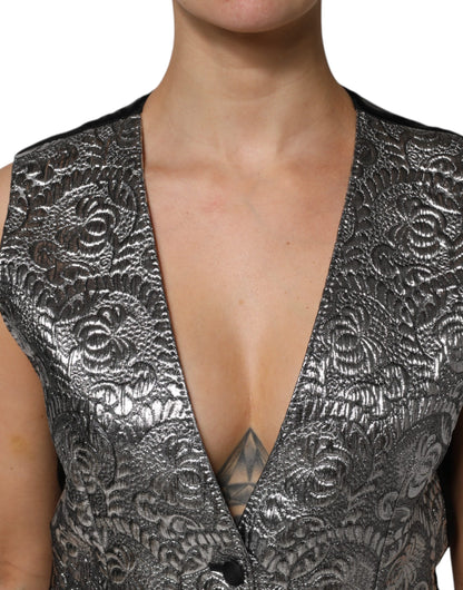 Dolce &amp; Gabbana Silver Floral Jacquard Sleeveless Vest Top
