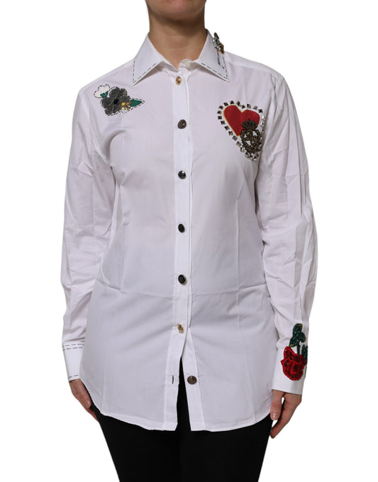 Dolce &amp; Gabbana White Cotton Floral Embellished Shirt Top