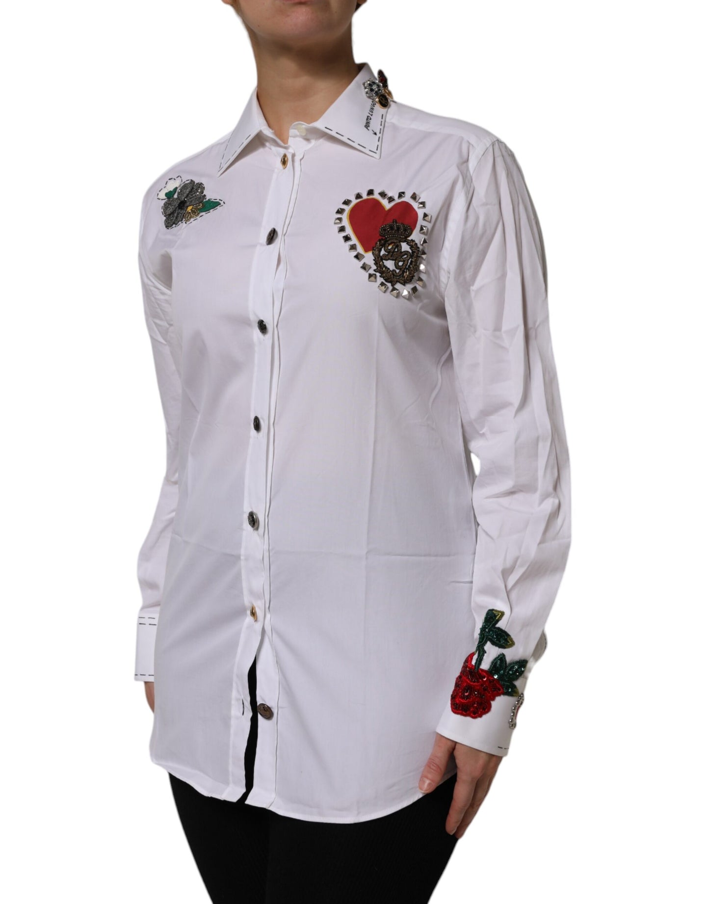 Dolce &amp; Gabbana White Cotton Floral Embellished Shirt Top