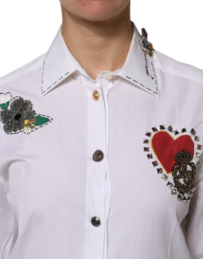 Dolce &amp; Gabbana White Cotton Floral Embellished Shirt Top