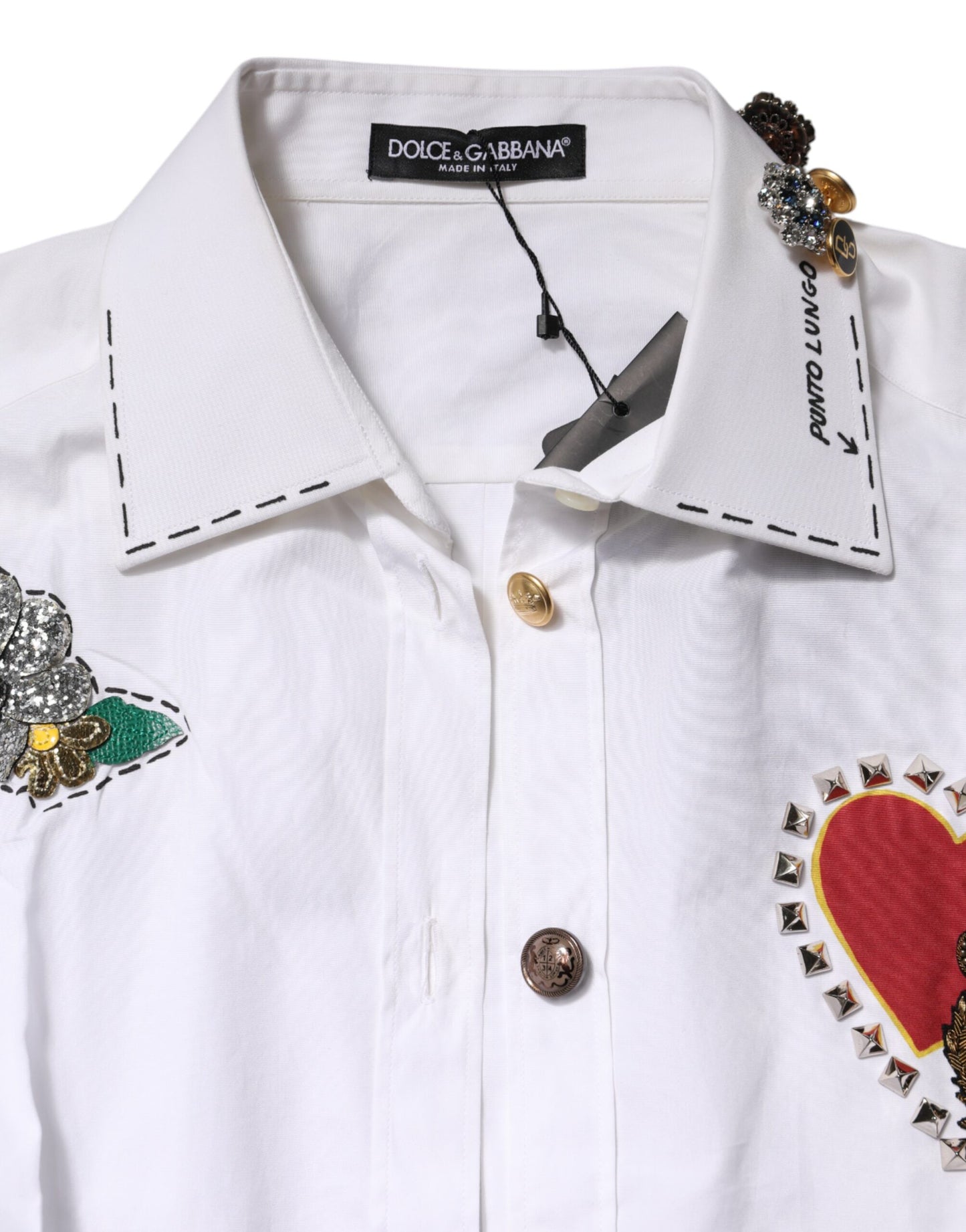 Dolce &amp; Gabbana White Cotton Floral Embellished Shirt Top