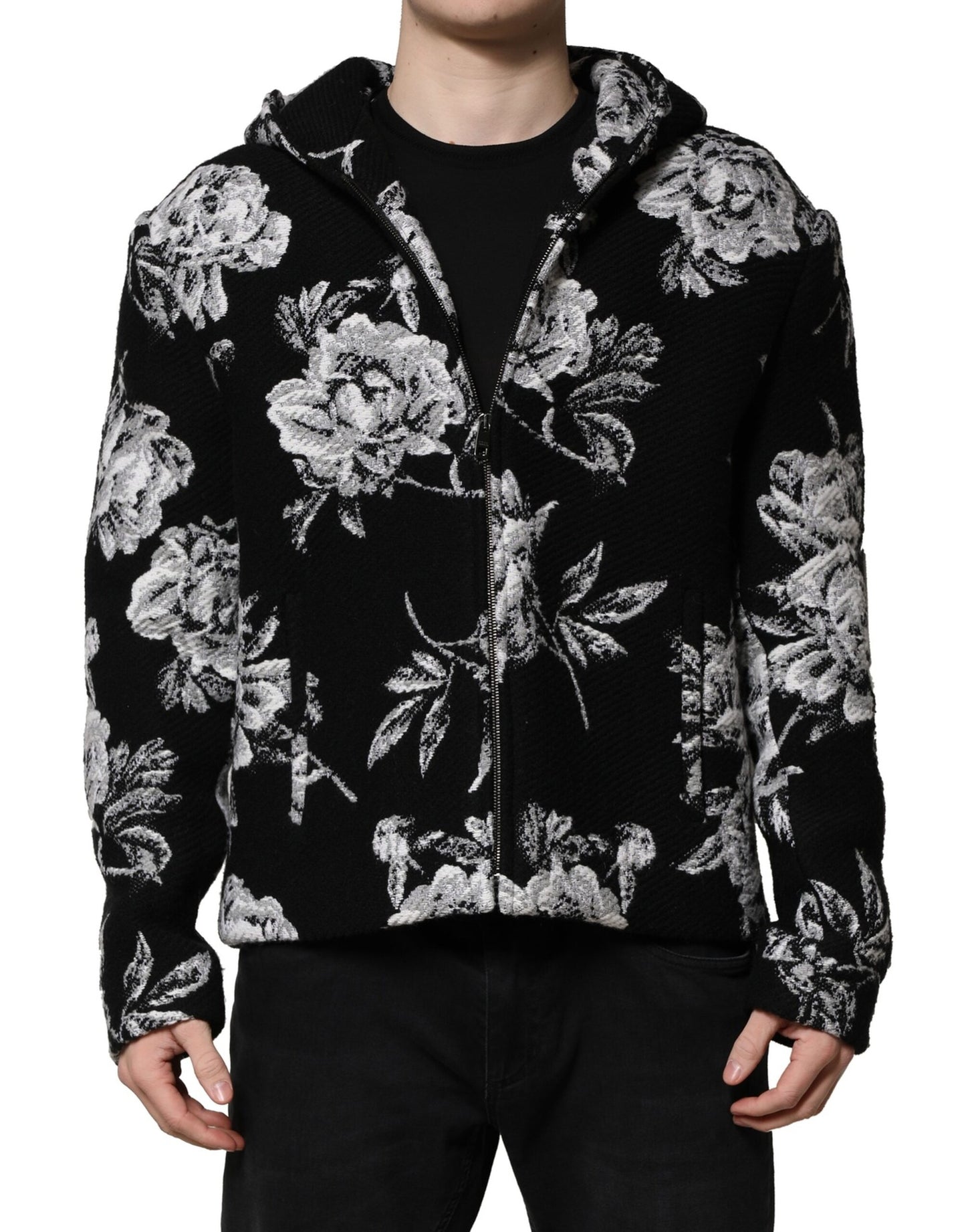 Chaqueta con capucha y estampado floral de lana negra de Dolce &amp; Gabbana para hombre