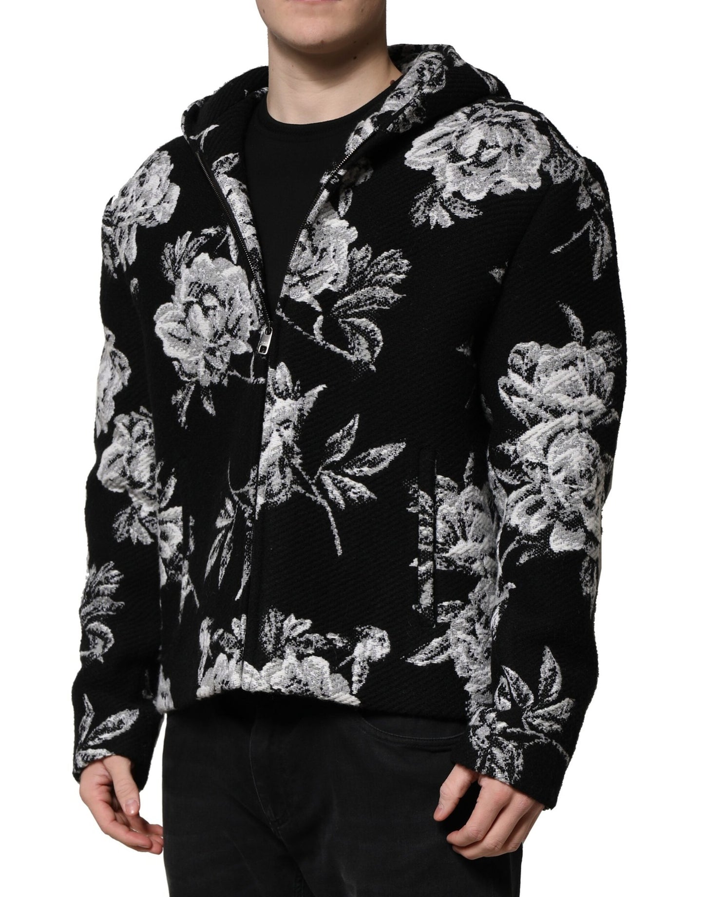 Chaqueta con capucha y estampado floral de lana negra de Dolce &amp; Gabbana para hombre