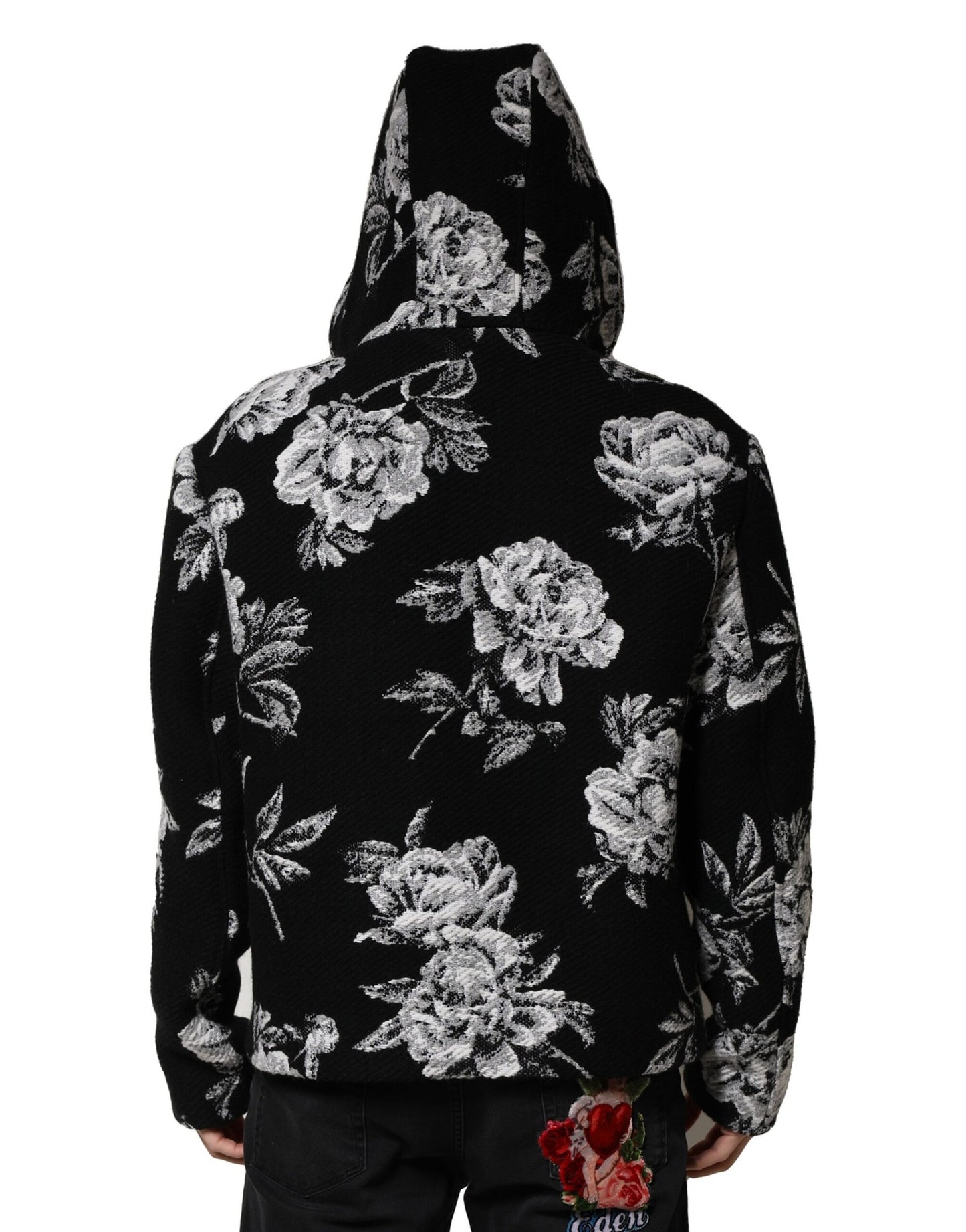Chaqueta con capucha y estampado floral de lana negra de Dolce &amp; Gabbana para hombre