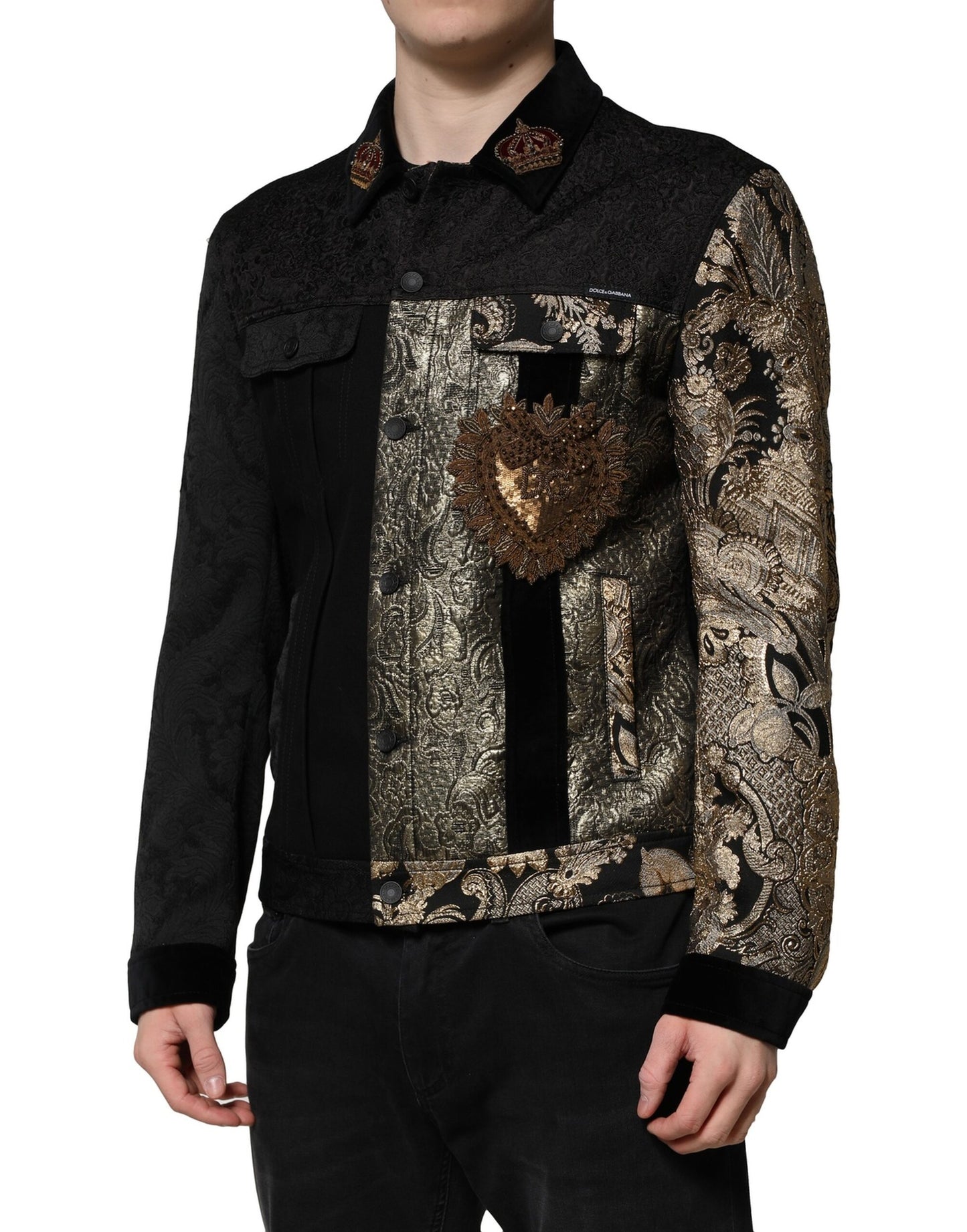 Chaqueta biker Dolce &amp; Gabbana con estampado floral en jacquard negro y dorado para hombre