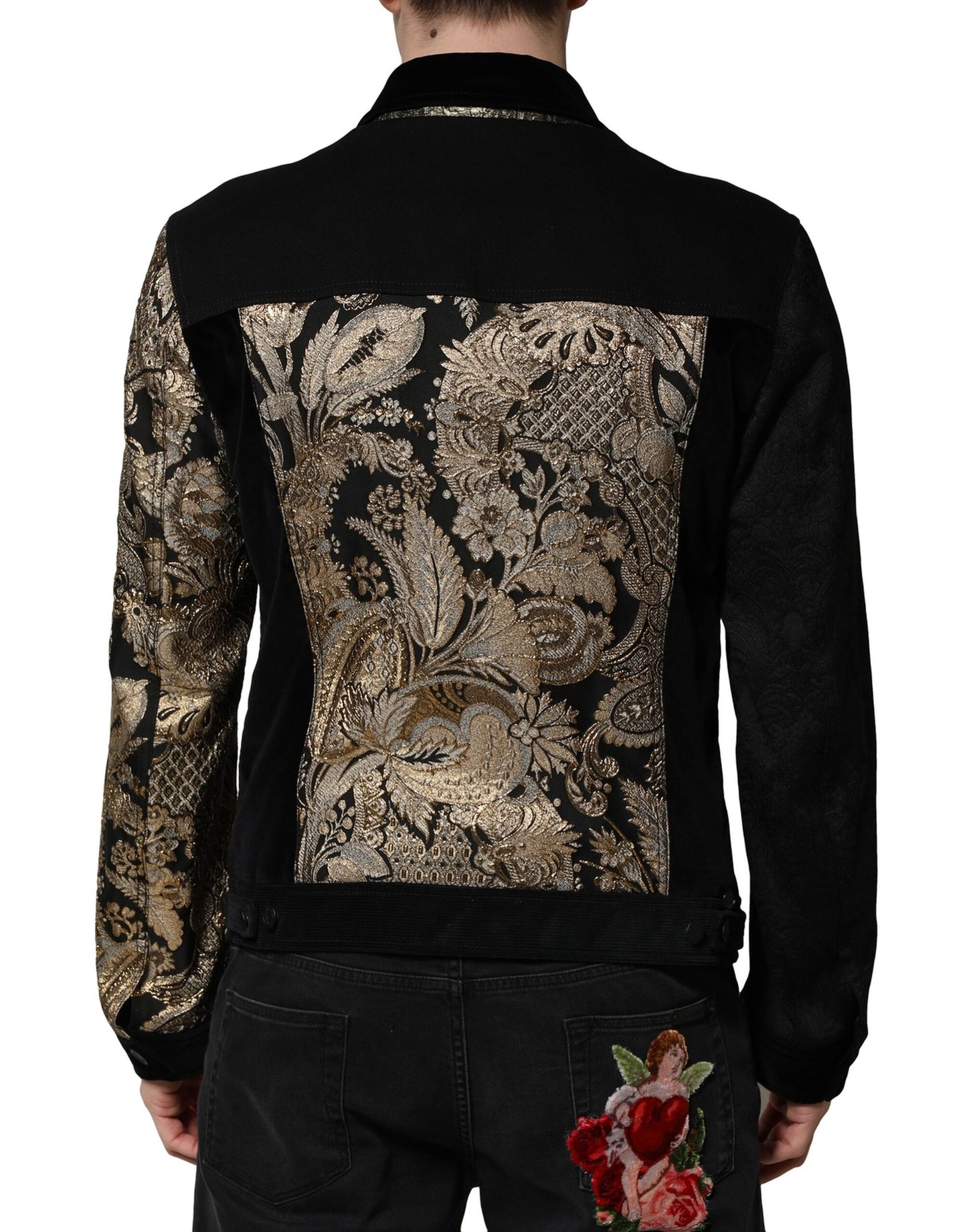 Chaqueta biker Dolce &amp; Gabbana con estampado floral en jacquard negro y dorado para hombre