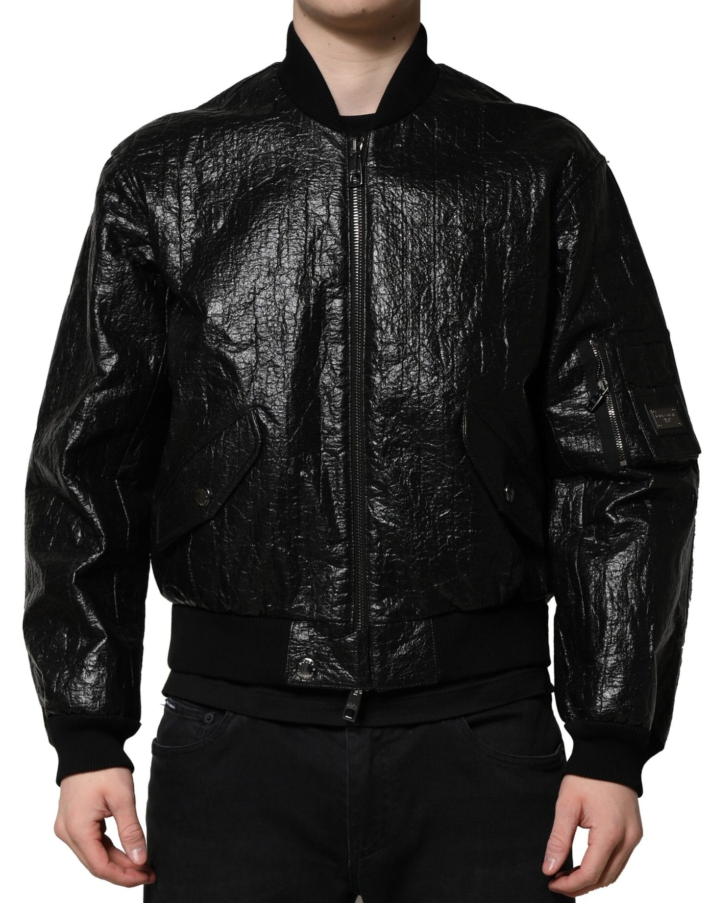 Chaqueta bomber con cremallera completa y placa del logotipo en negro de Dolce &amp; Gabbana