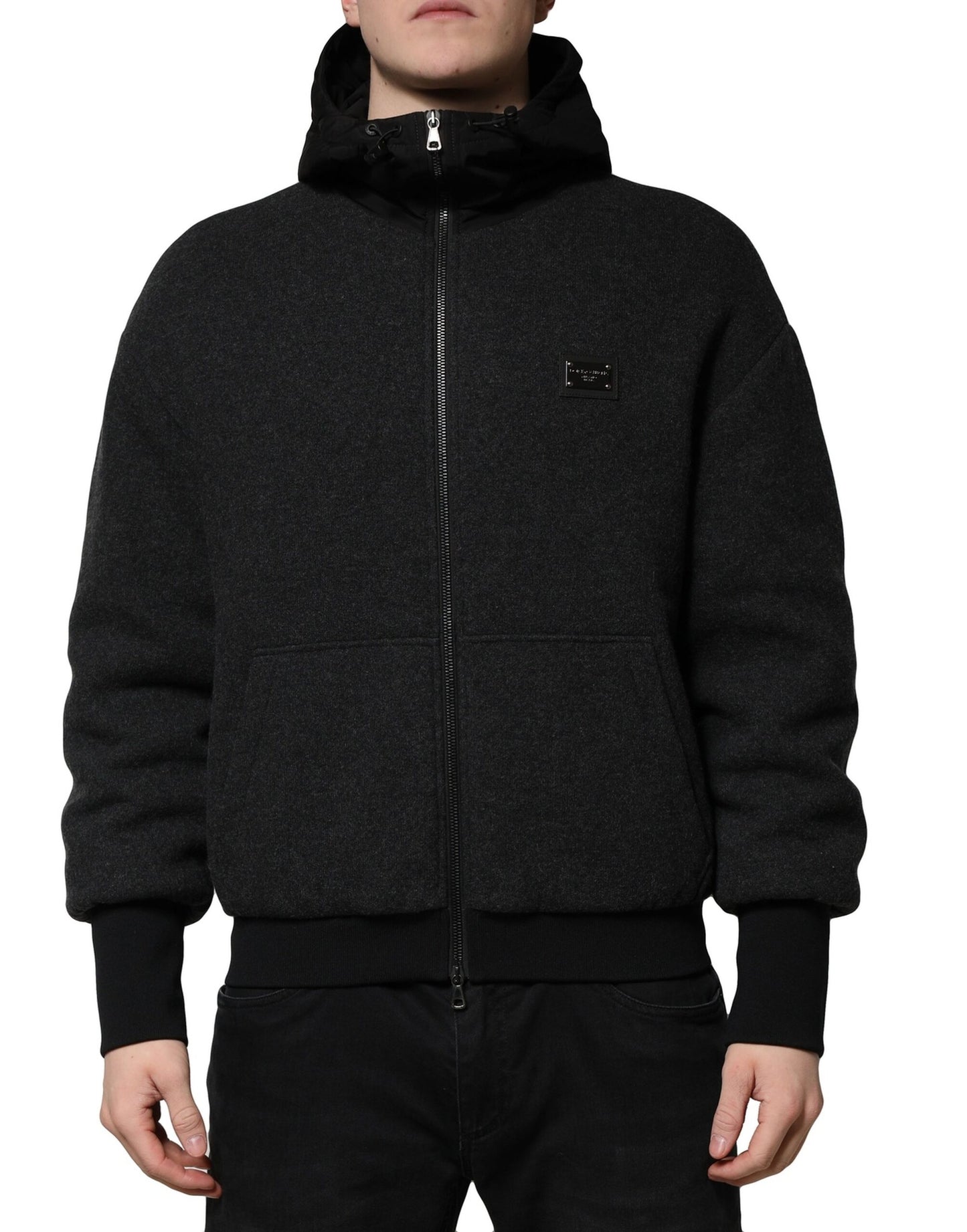Chaqueta bomber con capucha y placa del logotipo DG negra de Dolce &amp; Gabbana