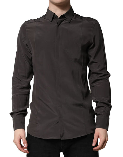 Camisa formal de vestir para hombre Dolce &amp; Gabbana de seda marrón oscuro dorada