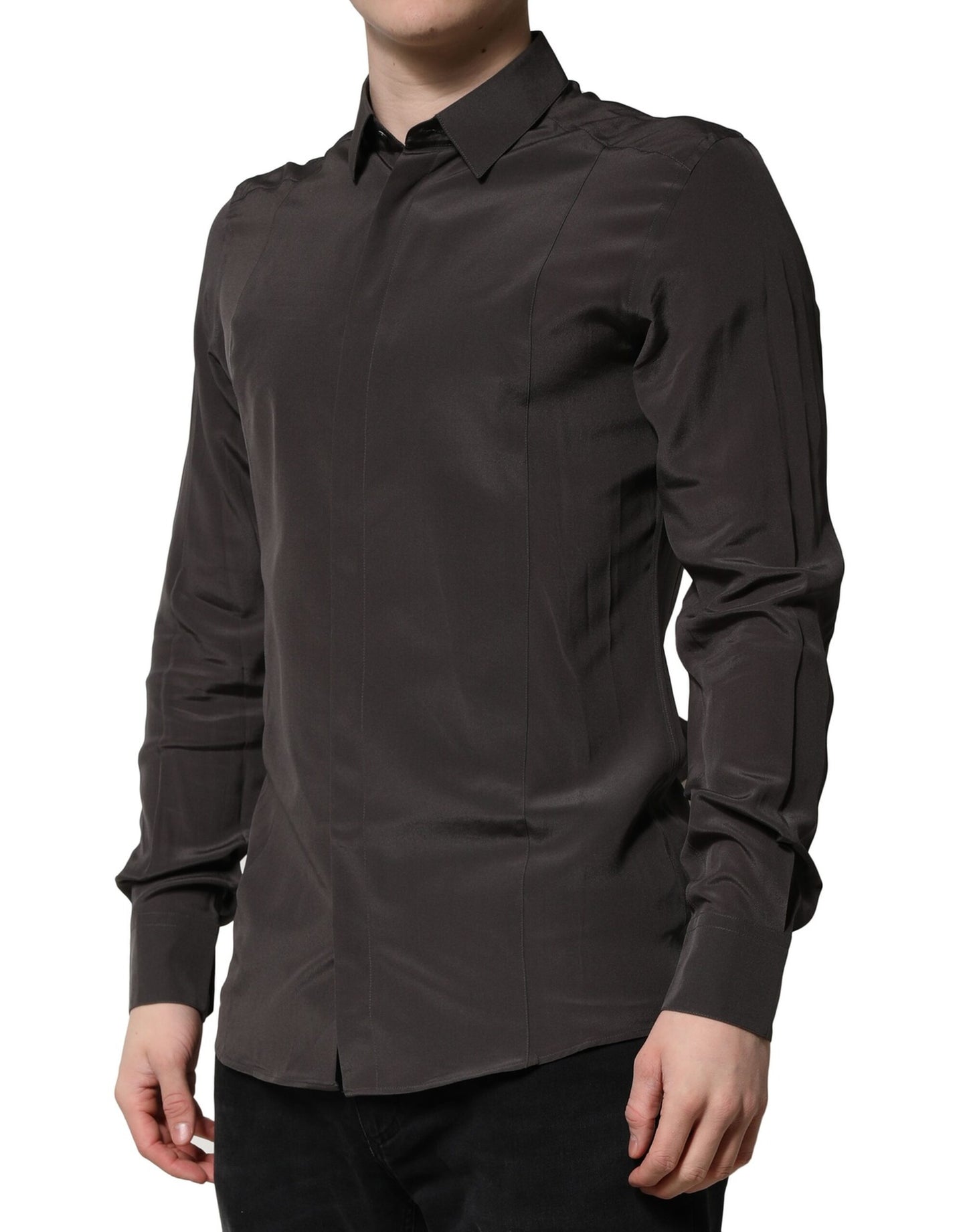 Camisa formal de vestir para hombre Dolce &amp; Gabbana de seda marrón oscuro dorada