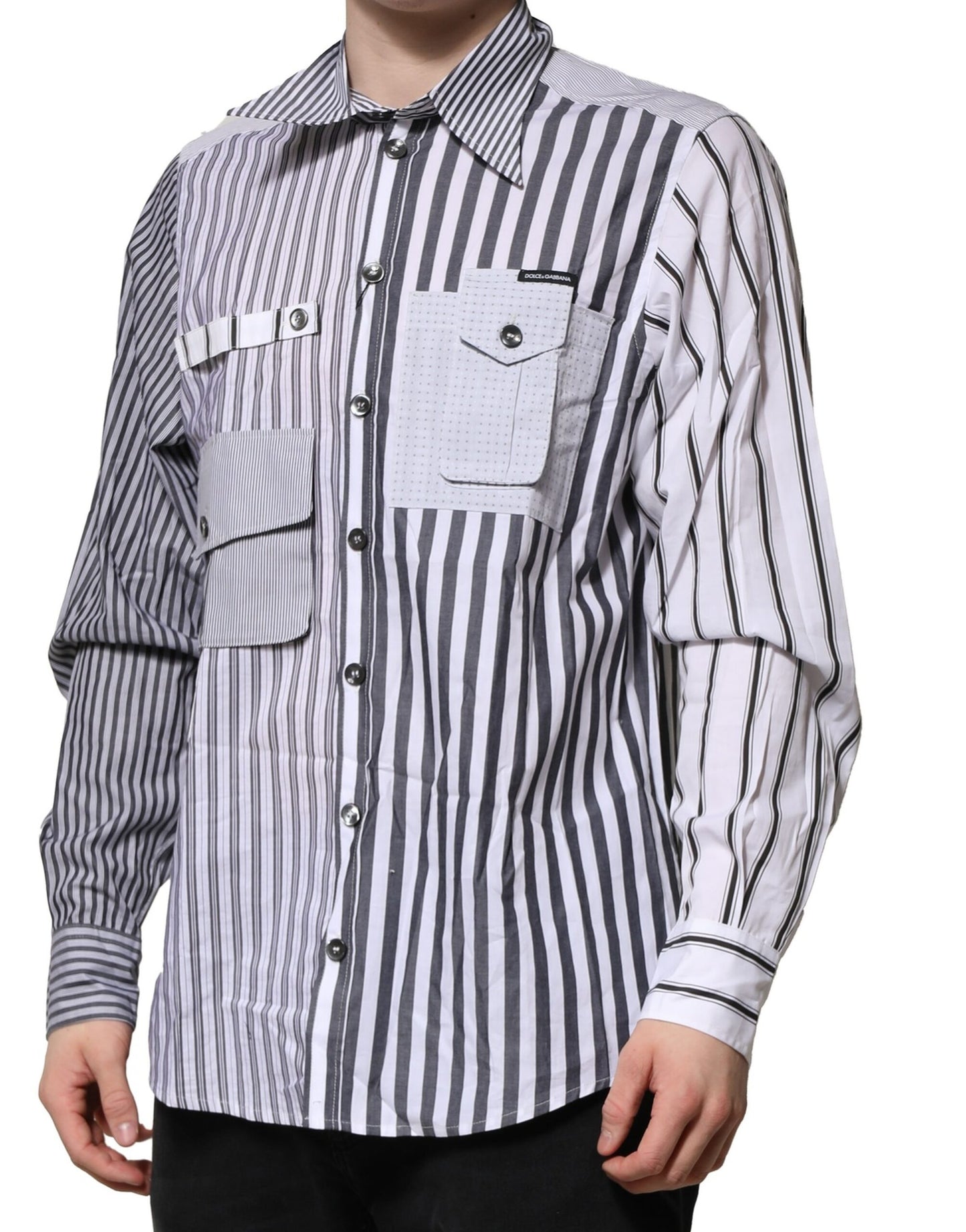 Camisa casual de algodón a rayas blancas y grises de Dolce &amp; Gabbana para hombre