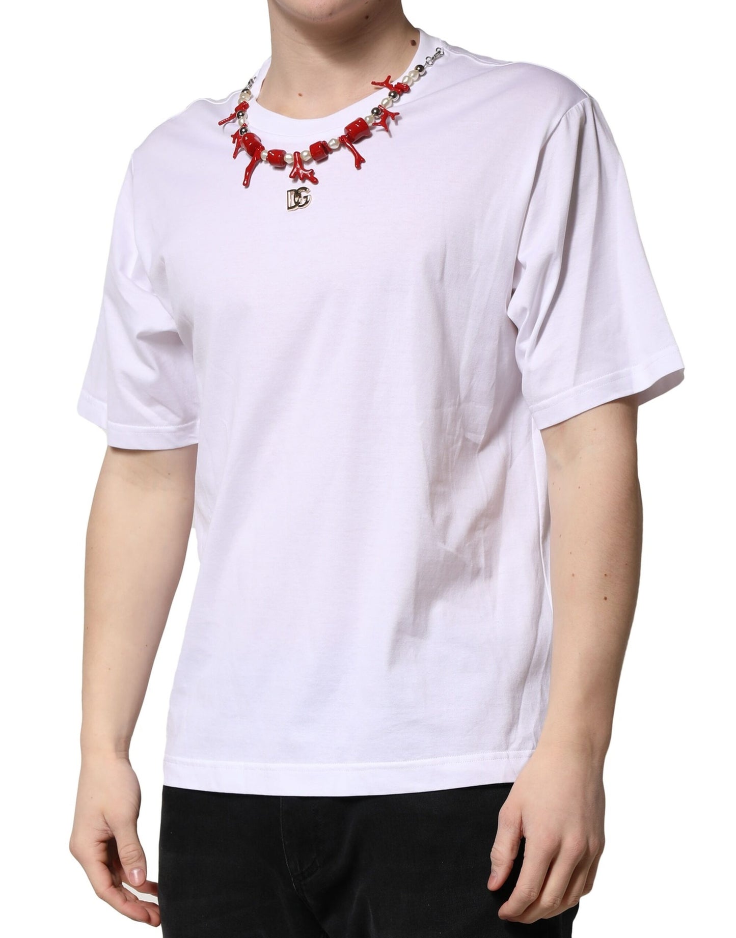 Dolce &amp; Gabbana White Embellished Cotton Crew Neck T-shirt