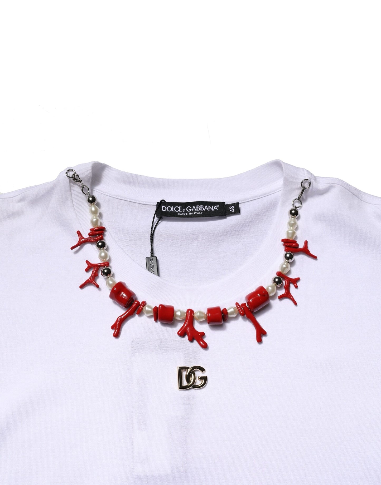 Dolce &amp; Gabbana White Embellished Cotton Crew Neck T-shirt