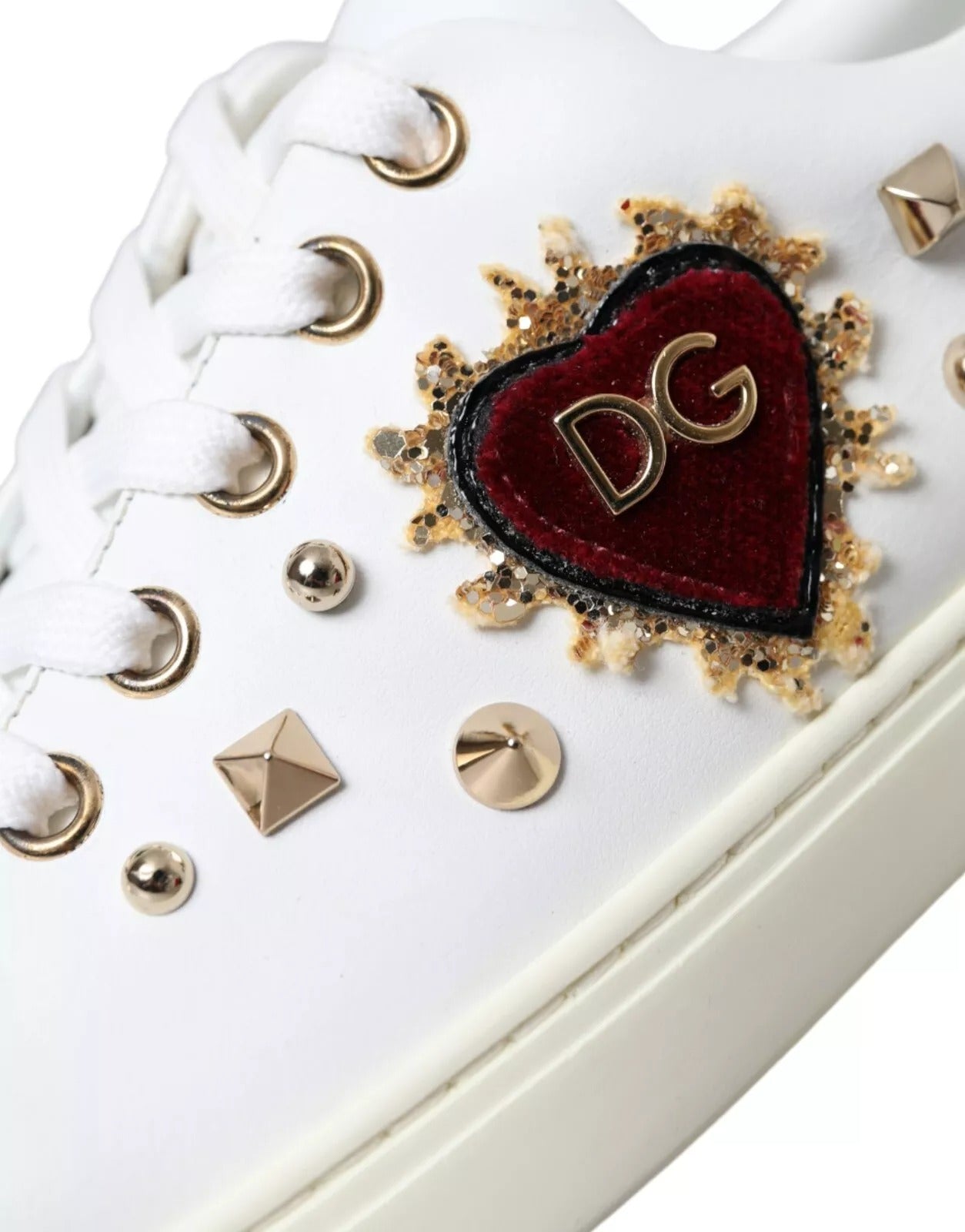 Dolce &amp; Gabbana Zapatillas De Deporte De Corazón Rojo Dorado De Cuero Blanco Zapatos