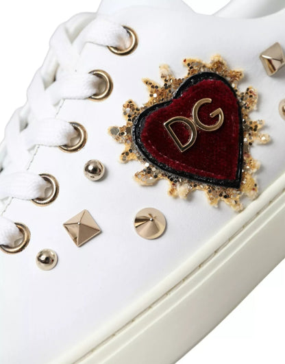 Dolce &amp; Gabbana Zapatillas De Deporte De Corazón Rojo Dorado De Cuero Blanco Zapatos