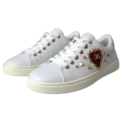 Dolce &amp; Gabbana Zapatillas De Deporte De Corazón Rojo Dorado De Cuero Blanco Zapatos