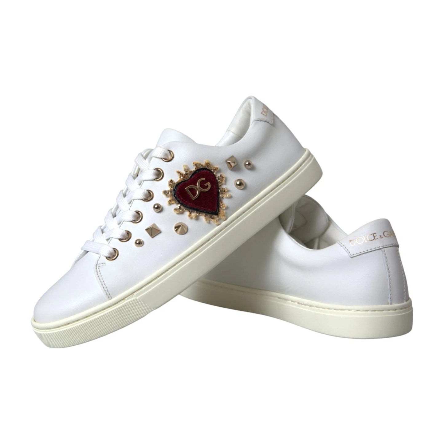 Dolce &amp; Gabbana Zapatillas De Deporte De Corazón Rojo Dorado De Cuero Blanco Zapatos