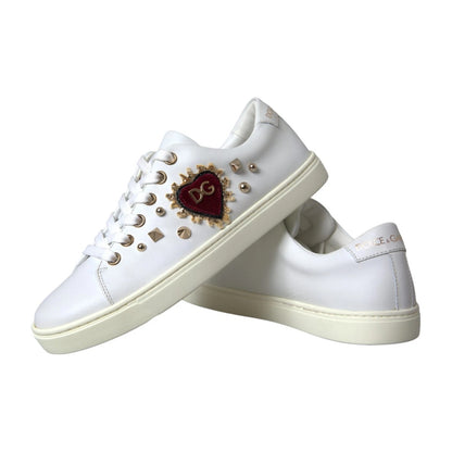 Dolce &amp; Gabbana Zapatillas De Deporte De Corazón Rojo Dorado De Cuero Blanco Zapatos