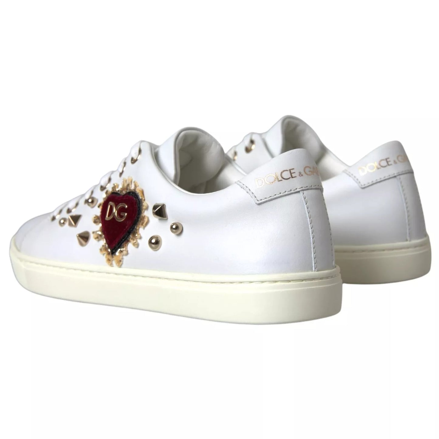 Dolce &amp; Gabbana Zapatillas De Deporte De Corazón Rojo Dorado De Cuero Blanco Zapatos