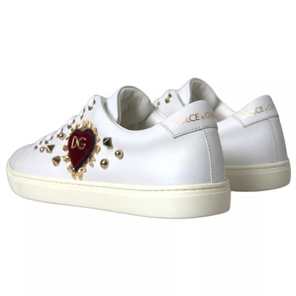 Dolce &amp; Gabbana Zapatillas De Deporte De Corazón Rojo Dorado De Cuero Blanco Zapatos