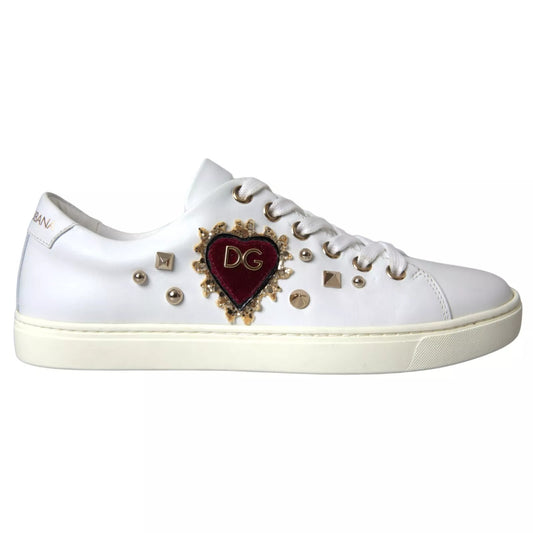 Dolce &amp; Gabbana Zapatillas De Deporte De Corazón Rojo Dorado De Cuero Blanco Zapatos