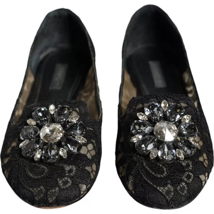 Bailarinas Dolce &amp; Gabbana con encaje negro y cristales, estilo mocasín