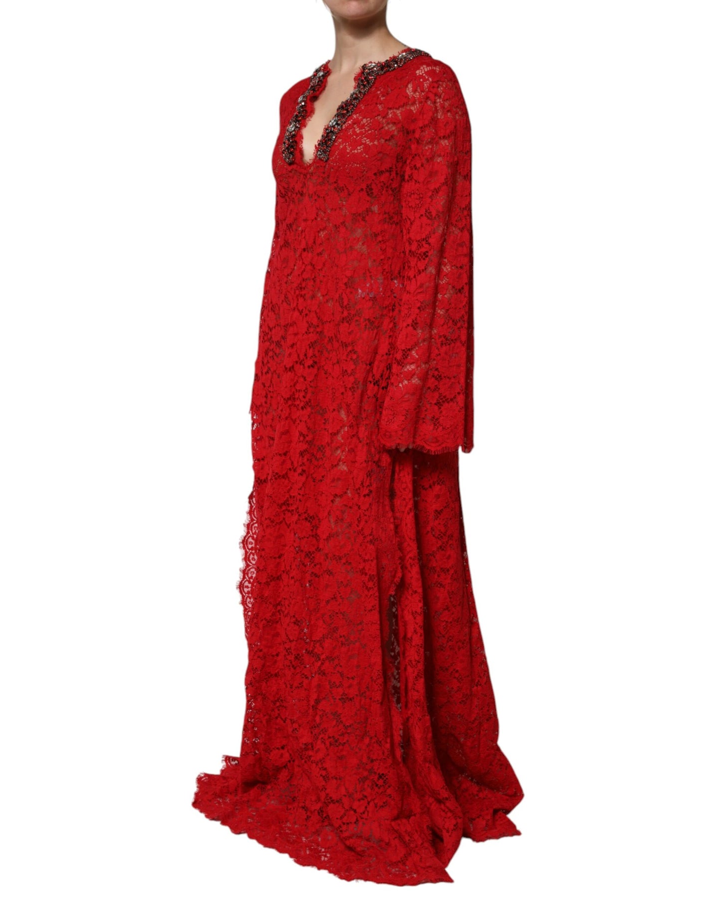 Dolce &amp; Gabbana Red Floral Lace Rhinestone Embellished Dress