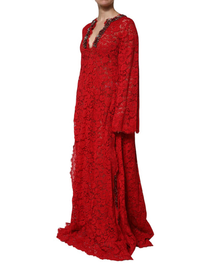 Dolce &amp; Gabbana Red Floral Lace Rhinestone Embellished Dress