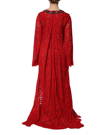 Dolce &amp; Gabbana Red Floral Lace Rhinestone Embellished Dress