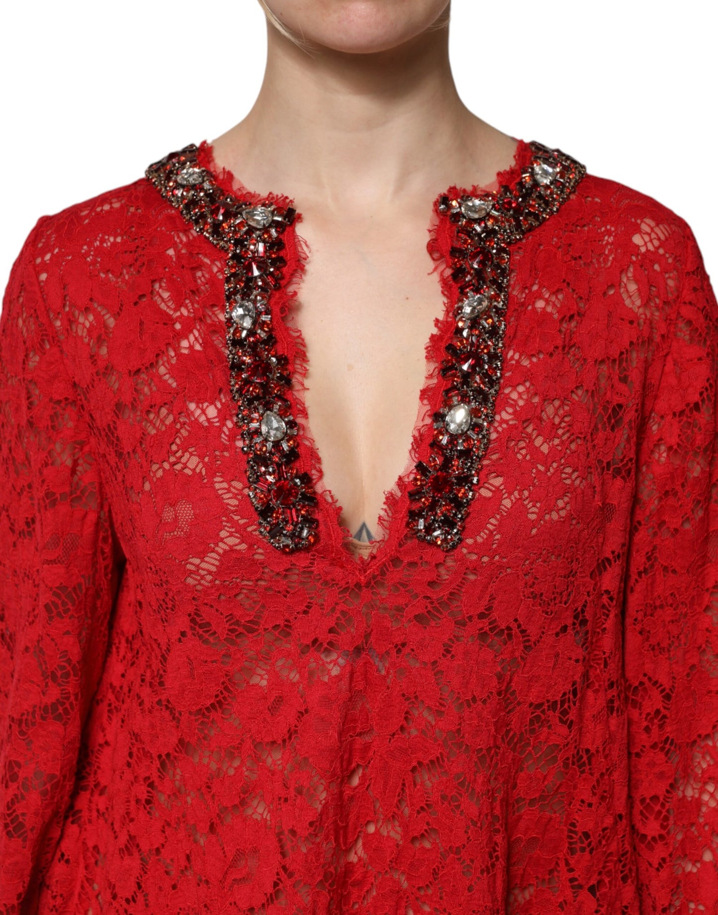 Dolce &amp; Gabbana Red Floral Lace Rhinestone Embellished Dress