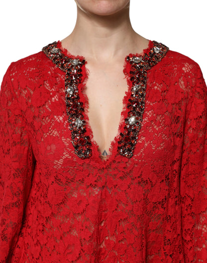 Dolce &amp; Gabbana Red Floral Lace Rhinestone Embellished Dress