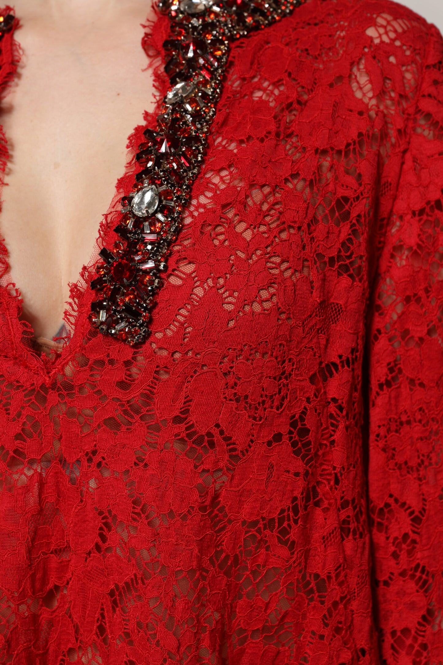 Dolce &amp; Gabbana Red Floral Lace Rhinestone Embellished Dress