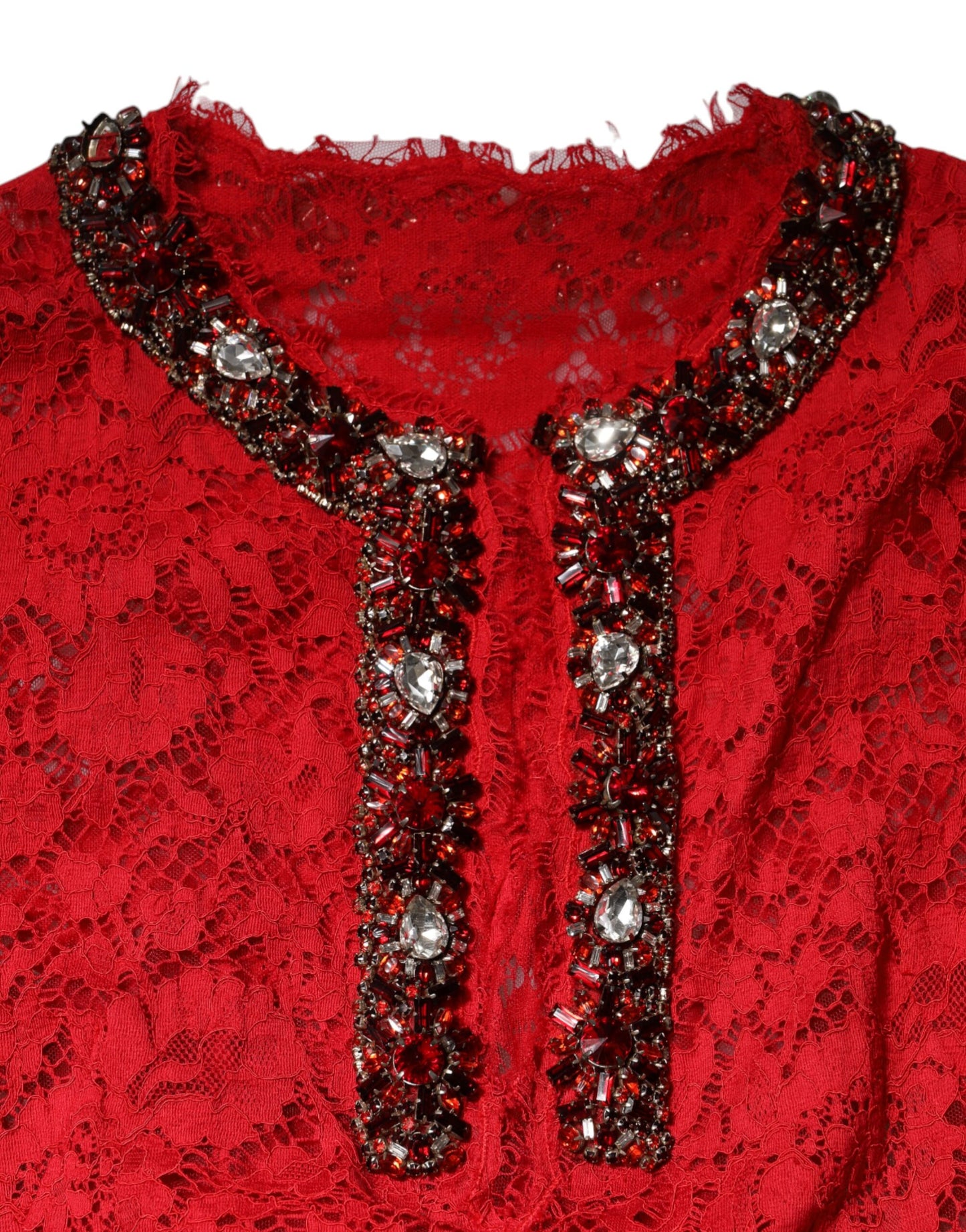 Dolce &amp; Gabbana Red Floral Lace Rhinestone Embellished Dress