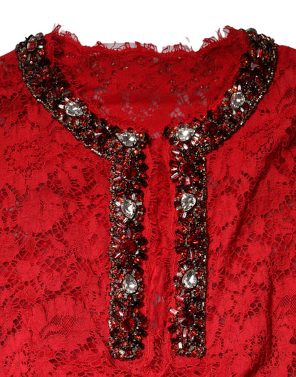 Dolce &amp; Gabbana Red Floral Lace Rhinestone Embellished Dress