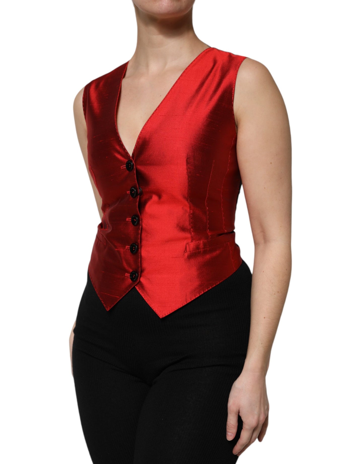 Dolce &amp; Gabbana Red Black Button Down Sleeveless Vest Top