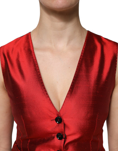 Dolce &amp; Gabbana Red Black Button Down Sleeveless Vest Top