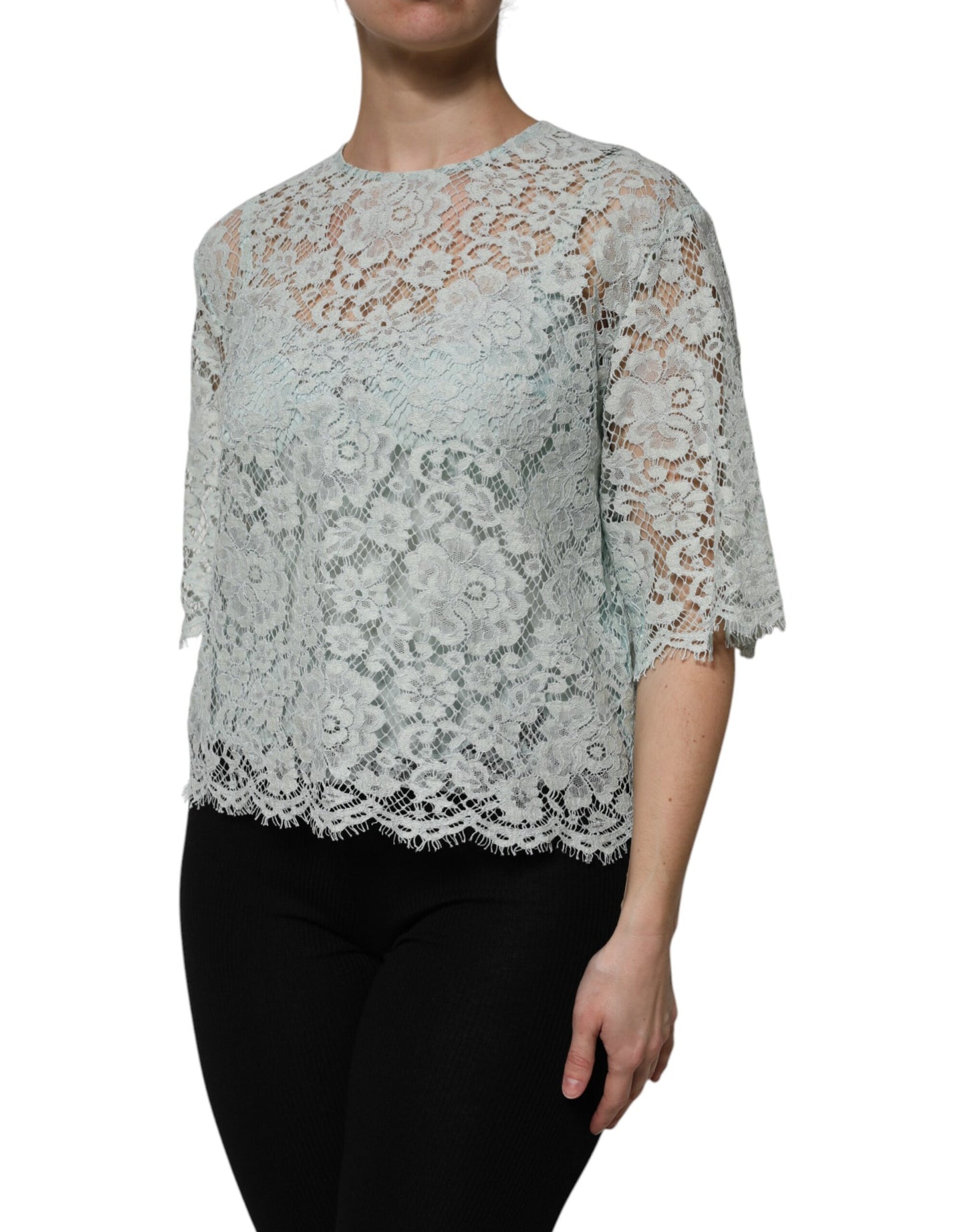 Dolce &amp; Gabbana Mint Green Floral Lace Cotton Blouse Top