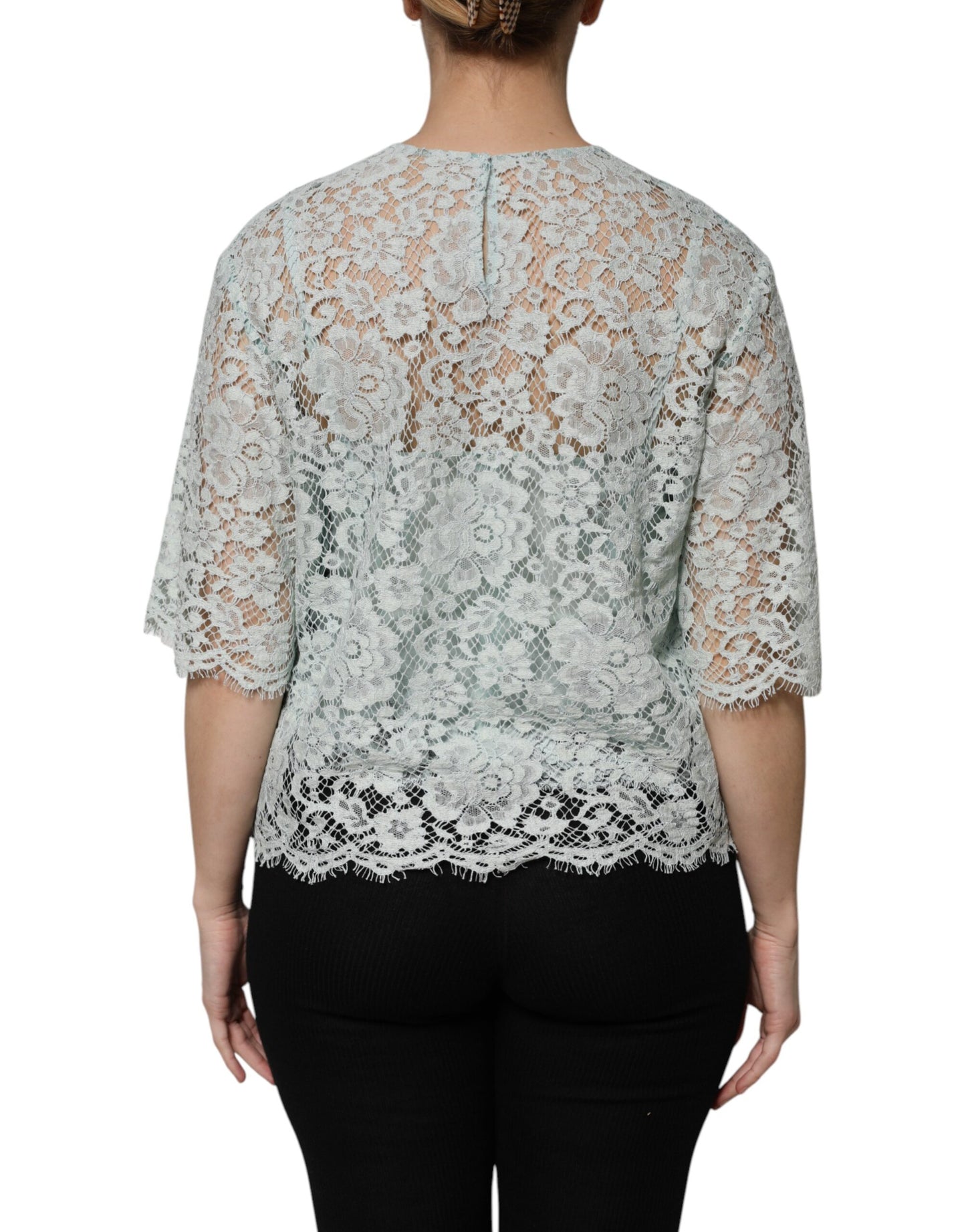 Dolce &amp; Gabbana Mint Green Floral Lace Cotton Blouse Top