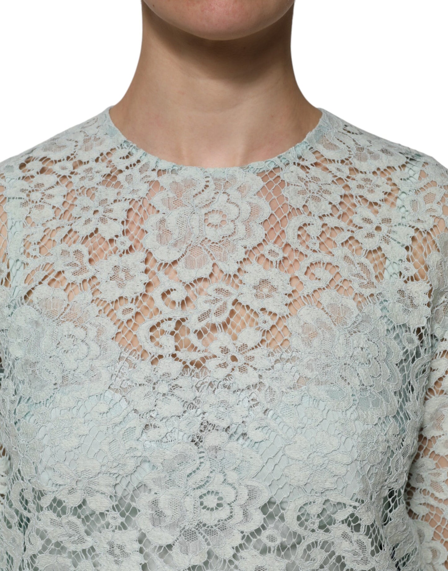 Dolce &amp; Gabbana Mint Green Floral Lace Cotton Blouse Top