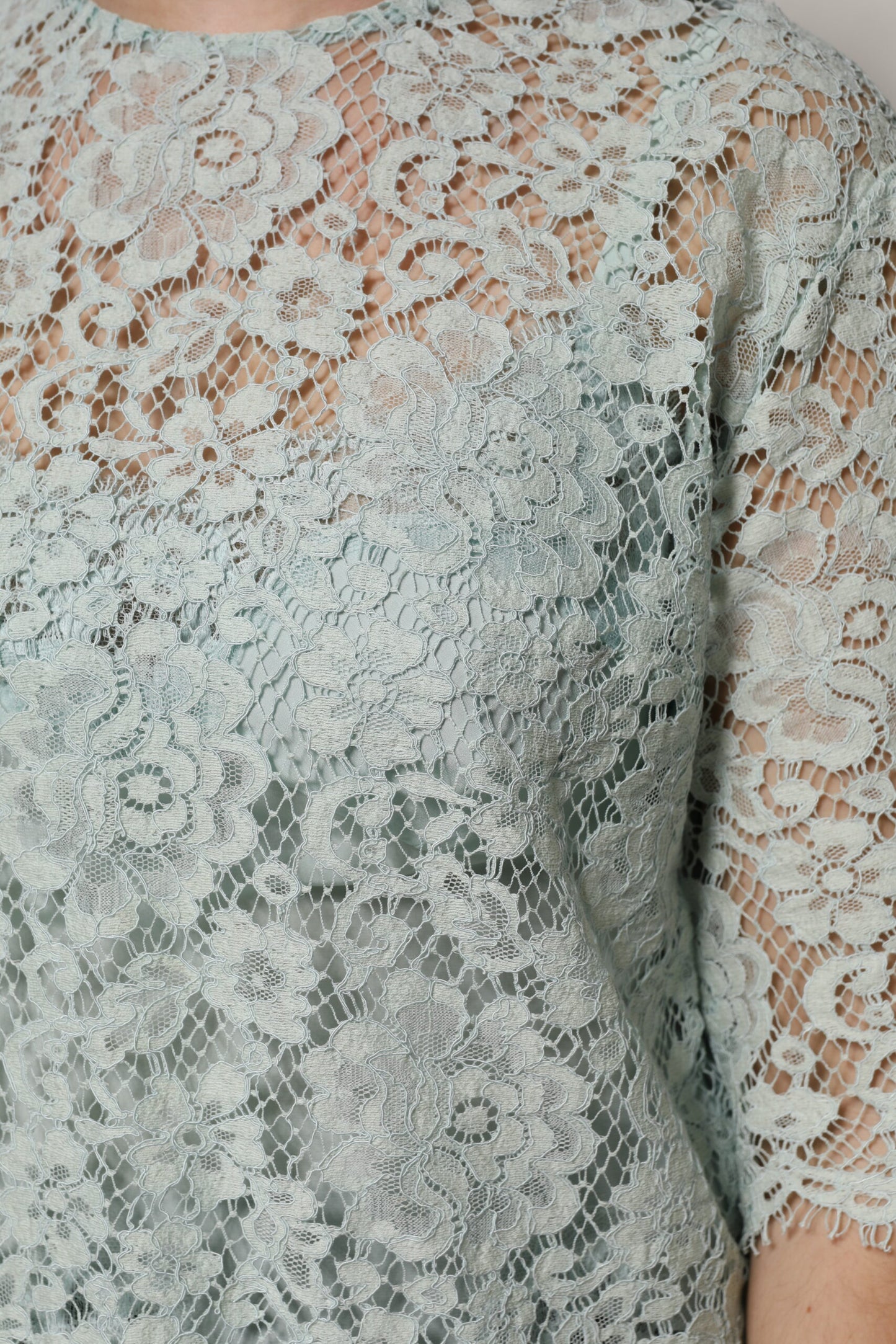 Dolce &amp; Gabbana Mint Green Floral Lace Cotton Blouse Top