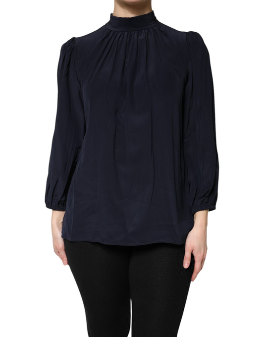 Dolce &amp; Gabbana Blue Silk Mock Neck Long Sleeves Blouse Top